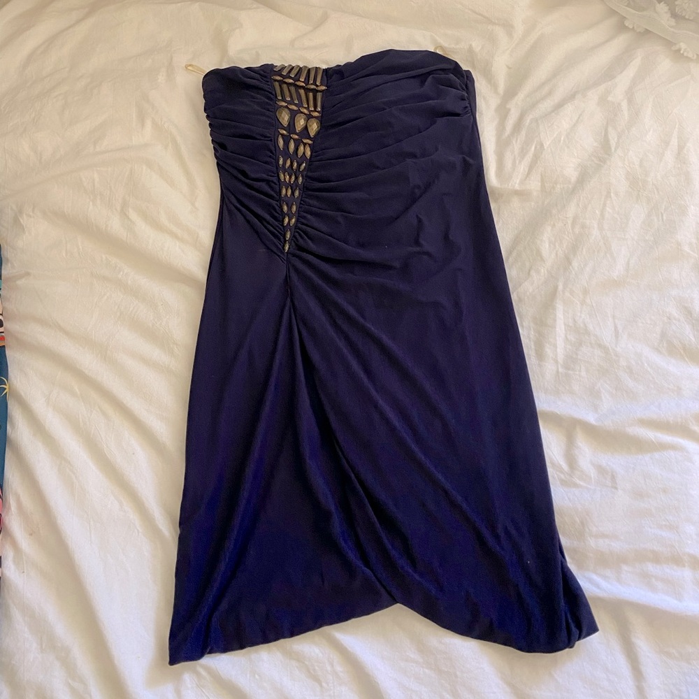 Retro Y2K Dark Purple Strapless Dress w/ Wrap Detailing and Faux Stone Detailing